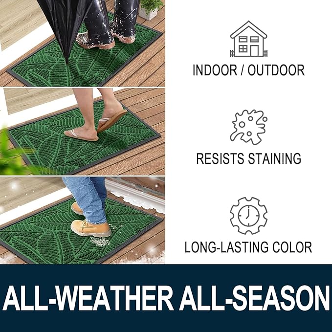 Colorxy Waterproof Doormat, Sturdy Natural Rubber Front Indoor Mat, Non Slip Low Profile Indoor Outdoor Door Mats, Stain and Fade Resistant Floor Mat, Easy Clean Patio Entrance Mat, 30''x17'', Green
