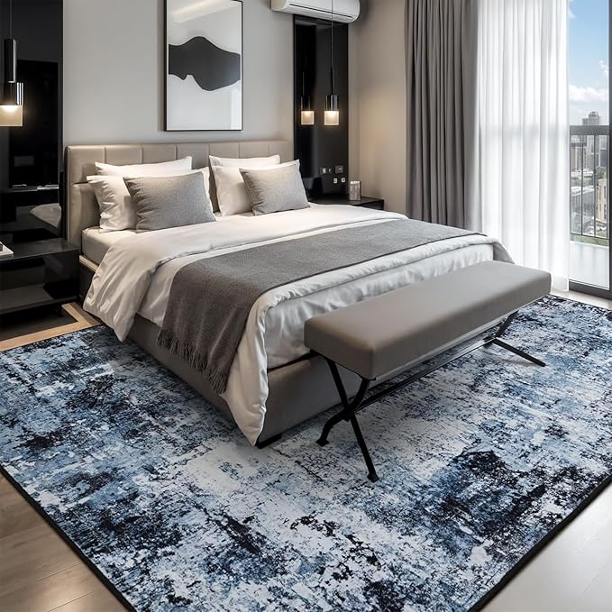 Rugflix 10x14 Area Rugs for Living Room, Washable Large Rug Stain-Resistant Low Pile, Modern Dark Carpet for Dining Room Home Office Kid Room Nursery Bedroom, Navy Blue/Black