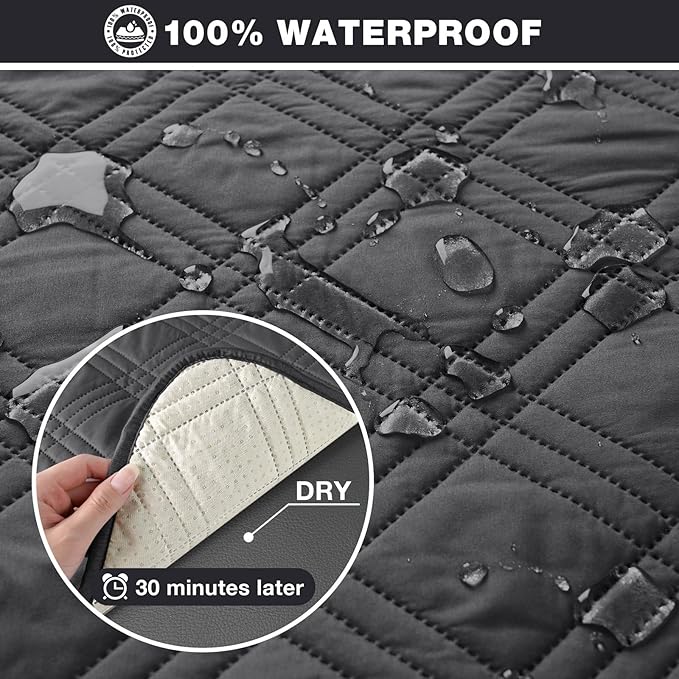 TAOCOCO 100% Waterproof Recliner Sofa Cover, Non Slip Split Couch Covers for Reclining Couches with Elastic Straps, Reclining Sofa Cover Furniture Protector for Kids Pets(3 Seater, Charcoal Gray)