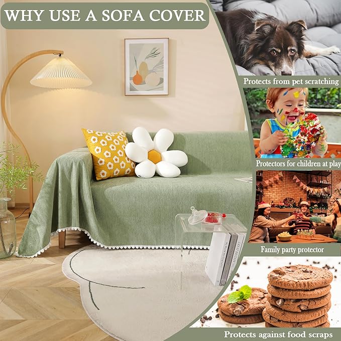 HANDONTIME Couch Cover, Sofa Covers, Sage Couch Cushion Cover Dog Furniture Protector for Living Room Chenille Couch Throw Cover Soft Thick Machine Washable Throw Blankets Sofa Slipcovers, 71" X134"