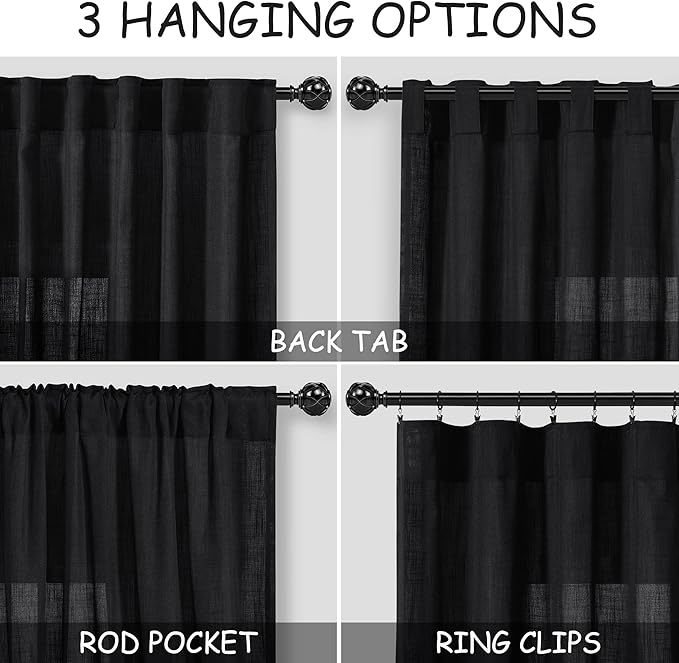 Black Linen Curtains 80 inches Long for Bedroom Back Tab Light Filtering Privacy Sheer Black Curtains Modern Farmhouse Coastal Decor Black Cotton Textured Gauze Curtain 2 Panel Set 52x80