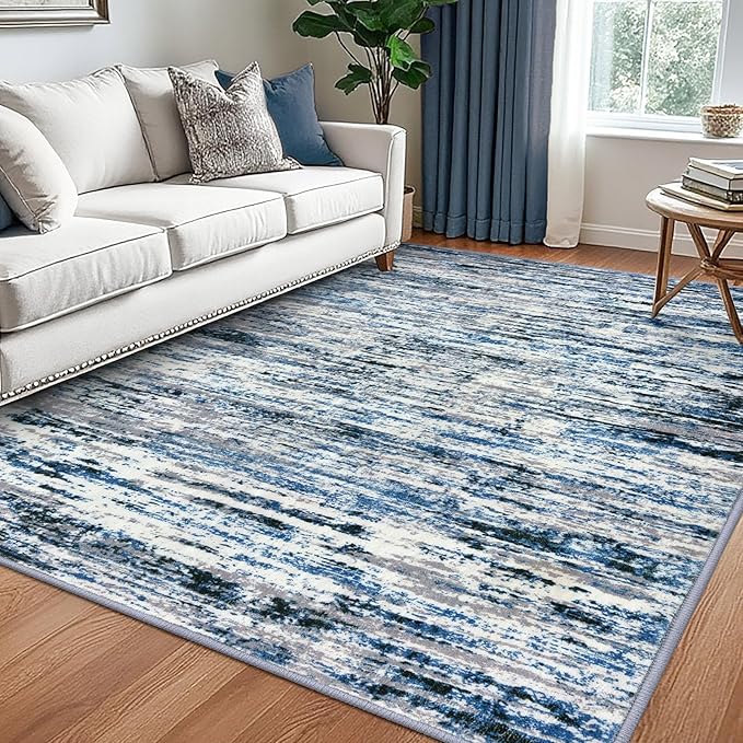 Lansny Modern Abstract 5x7 Machine Washable Area Rug Non-Slip Soft Bedroom Living Romm Rug Grey Blue White Thin Print Faux Wool Floor Carpet Throw Rugs for Nursery Playroom Dining Room Indoor
