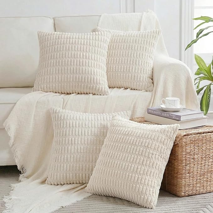 Fancy Homi 4 Packs Boho Cream Decorative Throw Pillow Covers 16x16 Inch for Living Room Couch Bed Sofa, Rustic Modern Farmhouse Home Decor, Soft Plush Corduroy Beige Cute Square Cushion Case 40x40 cm