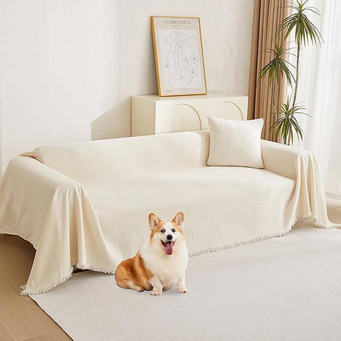 MYSKY HOME Boho Couch Cover Beige Sofa Covers with White Tassel Farmhouse Sofa Slipcover Simple Couch Protector for Dogs Chenille Sectional Couch Covers L Shaped Couch Cushion Covers, 91"x 134"