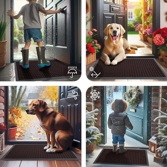 Smiry Front Door Mat Outside Entrance, Heavy Duty Natural Rubber Doormat, Non Slip, Trap Dirt and Moisture, Easy Clean, Low Profile Welcome Floor Mats for Indoor Outdoor Entry, 29.5x17 Inch, Brown