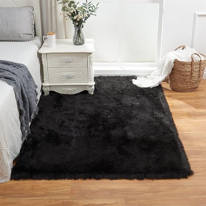 EasyJoy Ultra Soft Fluffy Shaggy Area Rug Faux Fur Rug Chair Cover Seat Pad Fuzzy Area Rug for Bedroom Floor Sofa Living Room (4 x 6 ft Rectangle, Black)