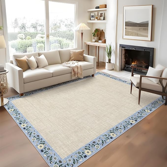 GarveeHome 4x6 Area Rugs for Bedroom Living Room Machine Washable Rugs Floral Bordered Small Carpet Non-Slip Stain Resistant Accent Carpet for Dining Room Table Apartment Office, Beige