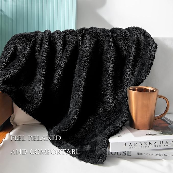 Exclusivo Mezcla Plush Fuzzy Fleece Throw Blanket Extra Large, Super Soft, Fluffy and Warm Blankets for Couch, Bed, All Season (Black, 50x70 inches)