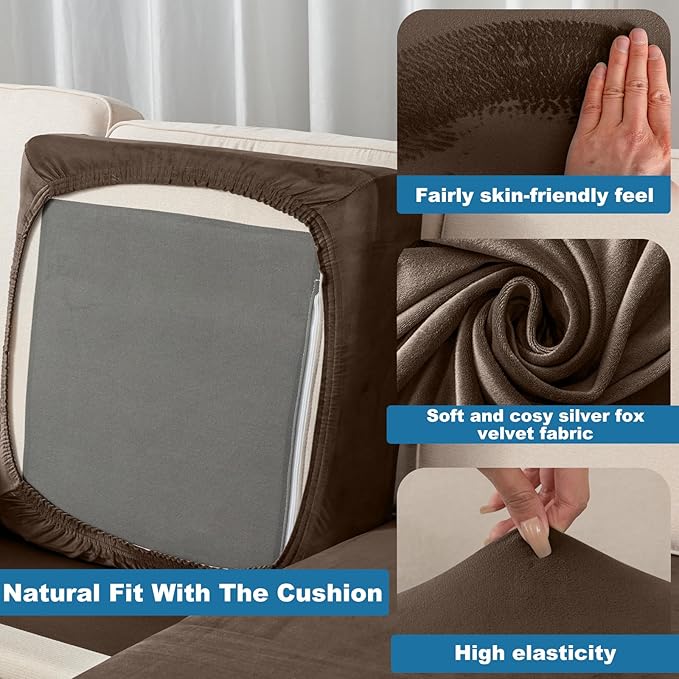 Couch Cover 8-Piece Elastic Velvet Couch Cushion Covers & Chaise Slipcovers for L-Shaped Sofas - Sofa Seat Covers Washable, Soft Protector for Couches (7 Seater + Chaise, Coffee)