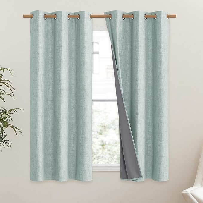 NICETOWN 100% Absolutely Blackout Linen Curtains with Thermal Insulated Liner, Seafoam Green, 42" Wide, 54" Length Energy Saving Curtains for Dining Room 2 Panels Set, Vertical Blinds