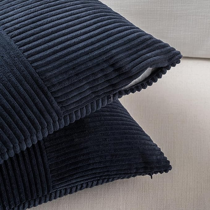 Fancy Homi 2 Packs Navy Blue Lumbar Decorative Throw Pillow Covers 16x26 Inch for Living Room Couch Bed Sofa, Farmhouse Home Decor, Soft Striped Corduroy Rectangle Accent Cushion Case 65x40 cm