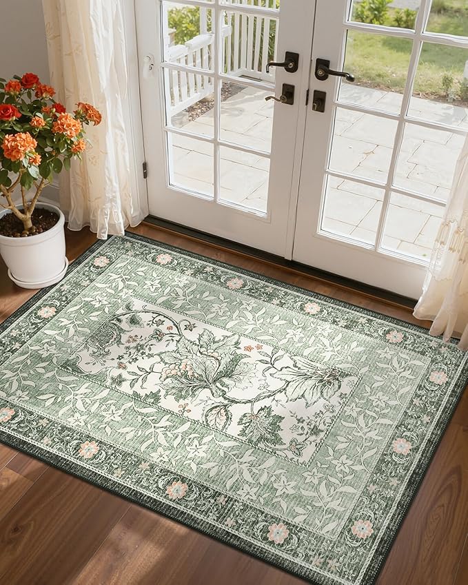 GarveeHome Sage Green 2x3 Door Mat Indoor Rugs for Entryway Provence Small Botanical Grove Cottagecore Washable Non-Slip Low-Pile Rug for Bedroom Kitchen Bathroom Entrance