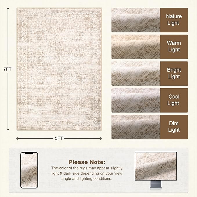 5x7 Area Rugs Living Room Rug: Washable Vintage Boho Rug No Slip Stain Resistant Soft Carpet Indoor Floor Floral Large Carpets for Bedroom Dining Room Farmhouse Nursery Hallway Home Office Beige