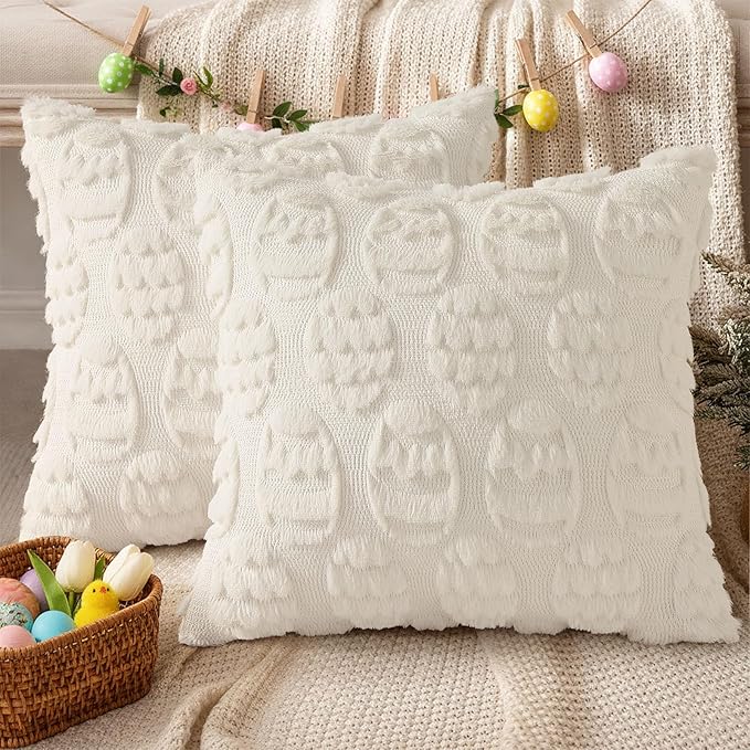 decorUhome Easter Cream White Egg Pillow Covers 20x20 Inch Set of 2, Soft Plush Faux Wool Jacquard Cushion Covers, Farmhouse Neutral Fuzzy Spring Easter Holiday Decor for Couch Sofa Bed