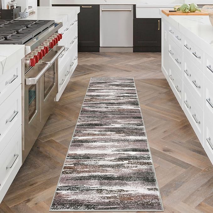 Lansny Modern Abstract Runner Rug 2x6, Dark Light Brown White Washable Kitchen Runner Non-Slip Soft Hallway Rug Runner Thin Print Faux Wool Carpet for Entryway Bedroom Laundry Room Indoor Home Decor