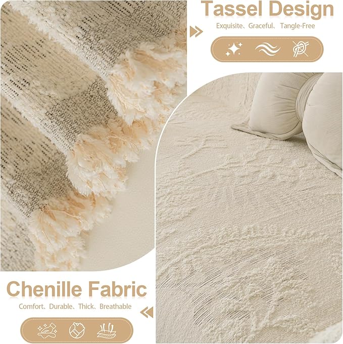 HANDONTIME Washable Couch Covers for Sofa Boho Couch Covers for 3 Cushion Sofa Pet Friendly Beige Chenille Jacquard Couch Protector for Dogs Plant Branch Sectional Cover Sofa Slipcovers, 71" X 118"