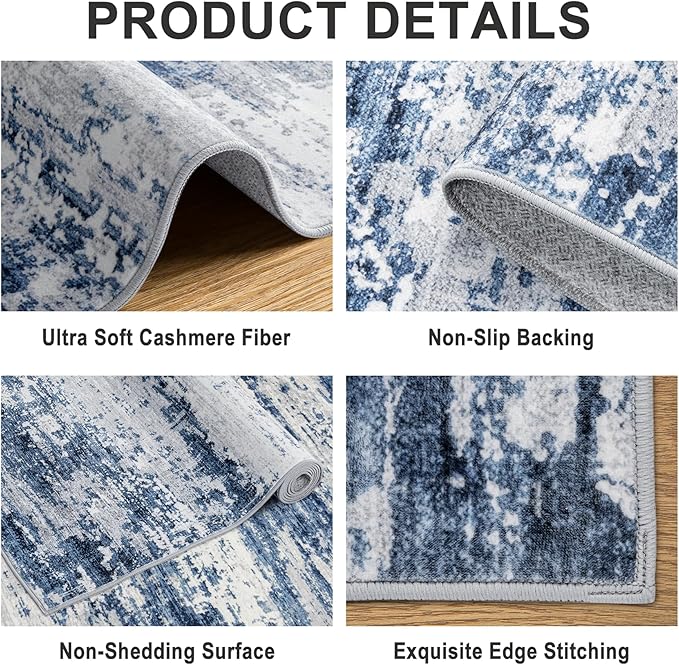 Area Rugs Living Room Rug - 4x6 Washable Modern Abstract Soft Neutral Non-Slip Carpet Large Indoor Floor Thin Carpets for Bedroom Dining Room Farmhouse Nursery Home Office Blue Gray