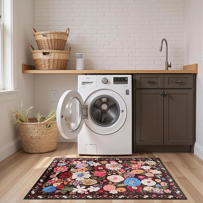 2x4 Entryway Runner Rugs, Non Slip Washable Rugs with Rubber Backing Soft Floral Carpet Runner for Kitchen, Laundry, Bedroom, Bathroom(2 x 4, Black/Brown)