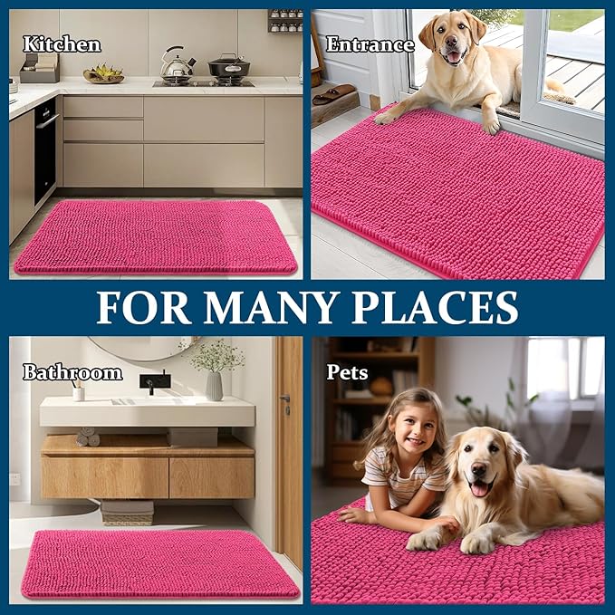 OLANLY Dog Door Mat for Muddy Paws 50x30, Absorbs Moisture and Dirt, Absorbent Non-Slip Washable Doormat, Quick Dry Chenille Mud Mat for Dogs, Entry Indoor Entryway Carpet for Inside Floor, Hot Pink