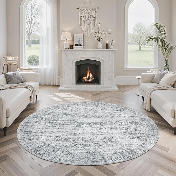 Soalmost 5x5 Grey Round Rug 5ft Living Room Circle Rug Vintage Gray Round Area Rug Non Slip Indoor Carpet for Entryway Dining Room Bedroom