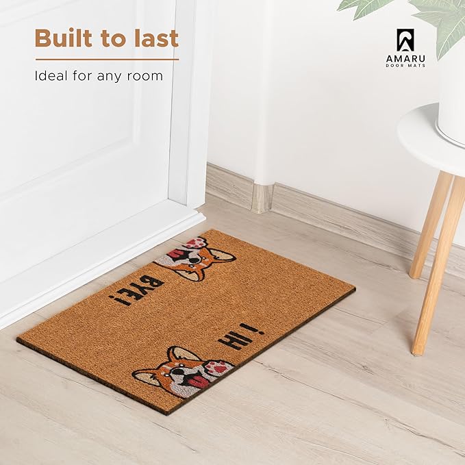 Hi-Bye Dog - 24"x36" - Coir Door Mat with Heavy Duty Backing - Welcome Mats for Entryway, Porch - Anti-Slip PVC & Coconut Fiber Surface - Natural Home Accessories, Minimalist Original Design