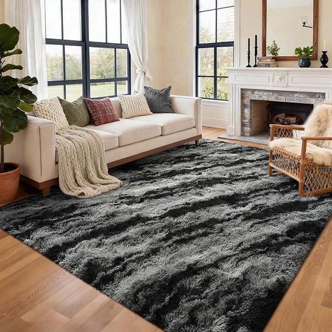 9x12 Ft Extra Large Shag Rugs for Living Room, Ultra Soft Fluffy Furry Area Rugs for Bedroom Indoor Floor, Aesthetic Carpet for Kids Home Decor (Black)