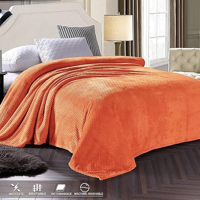 Exclusivo Mezcla Fleece Bed Blanket Twin Size, Super Soft and Warm Blankets for Couch, Sofa and Bed Waffle Textured, Cozy, Fuzzy and Lightweight (Burnt Orange, 60x80 Inches)