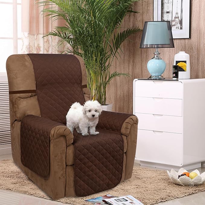 U-NICE HOME Recliner Chair Covers Reversible Chair Cover Pet Covers for Dogs with Elastic Straps Water Resistant Diamond Quilted (28''Recliner Oversized, Brown/Beige)
