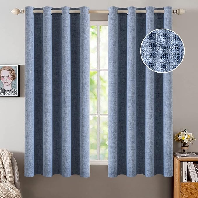 MIULEE Linen Texture Curtains for Bedroom Solid 100% Blackout Thermal Insulated Stone Blue Curtains Grommet Room Darkening Drapes Luxury Decor for Living Room Nursery 52x54 Inch (2 Panels)