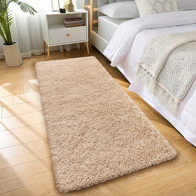 OLANLY 2x10 Machine Washable Runner Rugs for Hallway, Soft Fluffy Shaggy Bedside Rugs for Bedroom, Living Room, Indoor Floor Carpet for Kids Girls and Boys, Nursery Rooms, Home Decor Aesthetic, Beige