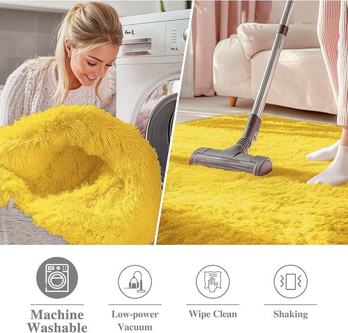OLANLY Yellow Round Rugs for Bedroom - Machine Washable, 3 ft Circle Area Rugs for Living Room, Soft and Fluffy Shaggy Carpet for Teen Girl and Boys, Nursery Rooms, Dorms, Home Decor Aesthetic