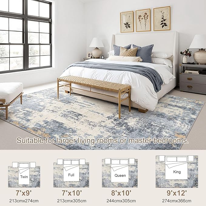UERMEI 9x12 Area Rug Living Room Rugs - Washable Neutral Modern Abstract Soft Thin Rug Indoor Floor No Slip Rug Carpet for Bedroom Under Dining Table Home Office Decor - Blue/Light Brown