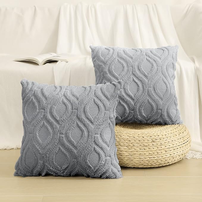 decorUhome Throw Pillow Covers 20x20 Inch Set of 2, Soft Plush Faux Wool Grey Solid Couch Pillow Covers, Accent Farmhouse Neutral Square Pillow Cases for Sofa Bed Living Room