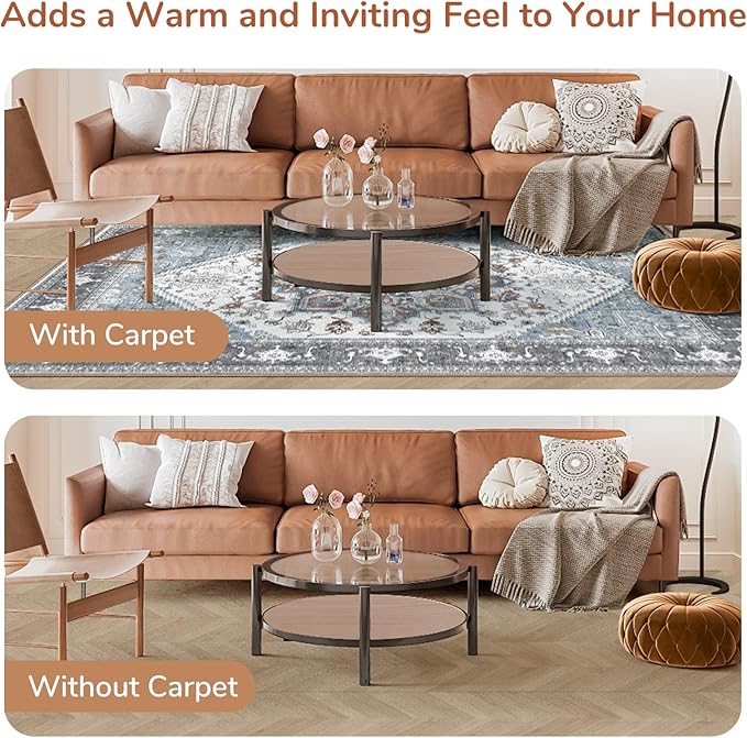 OPPODREAM Soft Area Rugs 4x6, Low-Pile Washable Rugs 4x6 with Non Slip Backing, Faux Cashmere 4 x 6 Throw Carpet, Grey & Teal & Yellow