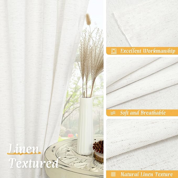 LAMIT Ivory White Linen Curtains 48 Inch Length, Faux Linen Textured Light Filtering Panels Rod Pocket Privacy Neutral Drapes for Kitchen/Window/Bedroom/Living Room, 2 Panels, 42 x 48 Inch