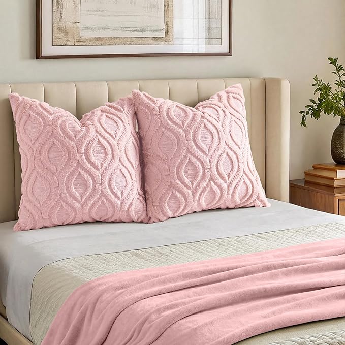 decorUhome Throw Pillow Covers 22x22 Inch Set of 2, Soft Plush Faux Wool Pink Solid Couch Pillow Covers, Accent Euro Sham Farmhouse Neutral Square Pillow Cases for Sofa Bed Living Room
