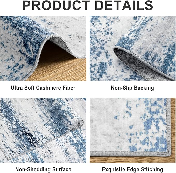 Area Rugs 9x12 Living Room - Washable Rug Modern Abstract Soft Large Neutral Non-Slip Carpet Indoor Floor Thin Carpets for Bedroom Dining Room Farmhouse Nursery Home Office White Blue Grey