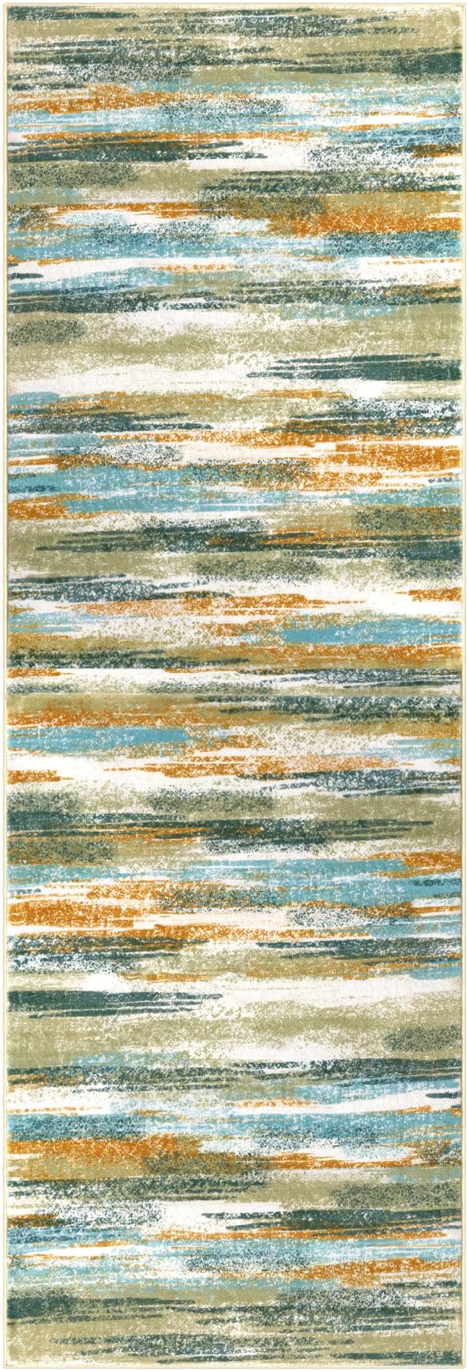 Lansny Modern Abstract Bedroom Runner Rug 2x7, Green Mustard Multi Washable Kitchen Runner, Non-Slip Soft Thin Faux Wool Mat for Entryway, Hallway, Laundry Room, Indoor Home Decor
