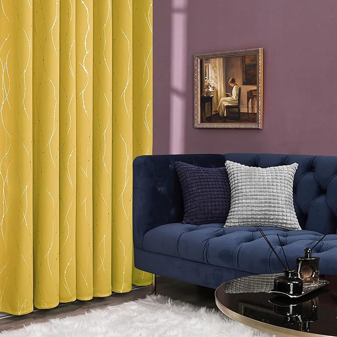 Deconovo Yellow Curtains, Modern Blackout Drapes, Thermal Insulated Soundoroof Pravicy Curtain with Wave Dots Foil, 52 x 84 Inch, Machine Washable Window Panels for Living Room Bedroom Nursery Office