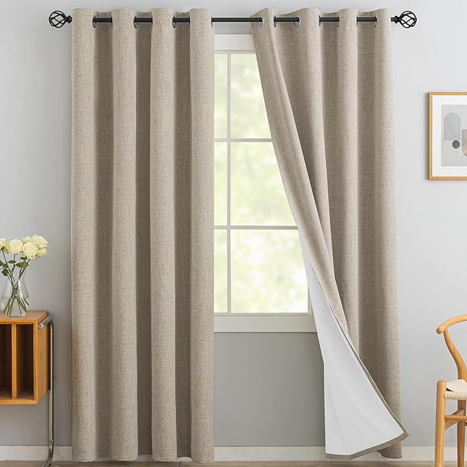 Yakamok Natural Linen Curtains 100% Blackout 96 Inches Long,Room Darkening Textured Curtains for Living Room Thermal Grommet Bedroom Curtains 2 Panels with Greyish White Liner
