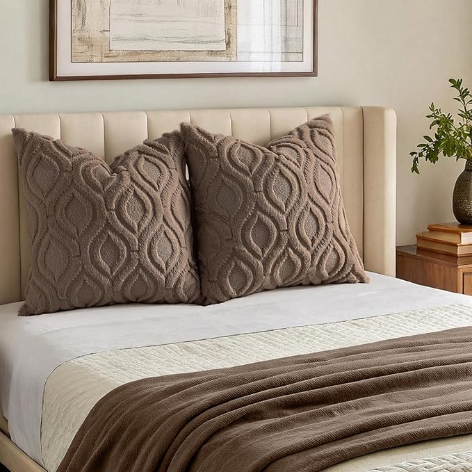 decorUhome Throw Pillow Covers 16x16 Inch Set of 2, Soft Plush Faux Wool Brown Solid Couch Pillow Covers, Accent Farmhouse Neutral Square Pillow Cases for Sofa Bed Living Room