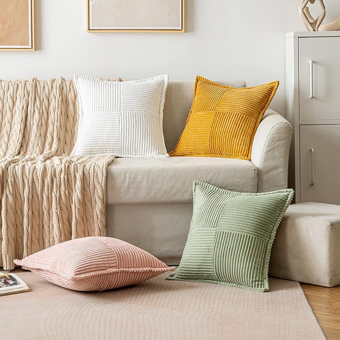 MIULEE Decorative Throw Pillow Covers for Couch Bed Livingroom 18x18 Inch Set of 2 White Boho Accent Throw Pllows Broadside Striped Patchwork Soft Corduroy Pillowcases