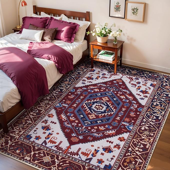 SERISSA Area Rug 3x5 Boho Rugs for Bedroom, Washable Non-Slip Living Room Rug, Ultra Soft Print Distressed Vintage Burgundy Navy Rug Low-Pile Throw Carpet for Entry Kitchen Nursery Dorm Decor