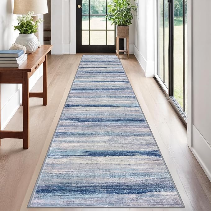 KOZYFLY Modern Abstract Hallway Runner, 2x12 Washable Rug Runner Non-Slip Soft Striped Kitchen Runner Rug, Blue/Grey/Beige Print Carpet for Entryway Bathroom Laundry Room Foyer