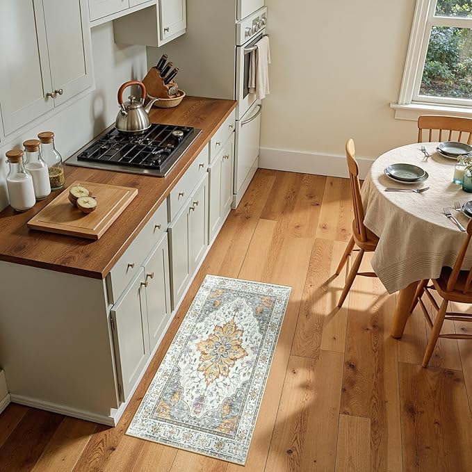 RELEANY Area Rugs 2'x4' Kitchen Rugs Entry Rug Small Rugs for Entryway Kitchen Bathroom Door Mat Indoor Entrance,Washable Non Slip, Light Yellow Carbon Grey Orange