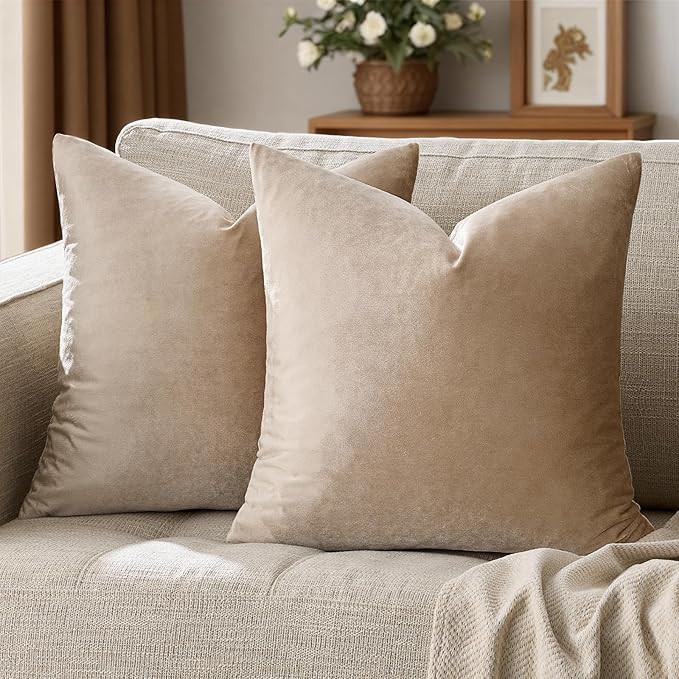 GIGIZAZA Decorative Throw Pillow Covers 24x24,Set of 2 Taupe Couch Pillow Covers,Velvet Pillow Square Cushion Covers