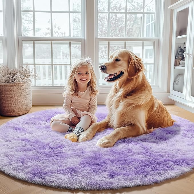 ONASAR Round Rugs 5ft for Bedroom Living Room, Tie-Dyed Purple Fluffy Circle Area Rug for Kids Girls Boys Teen, Soft Plush Shaggy Carpet for Nursery Dorm Classroom Playroom Home Decor Aesthetic