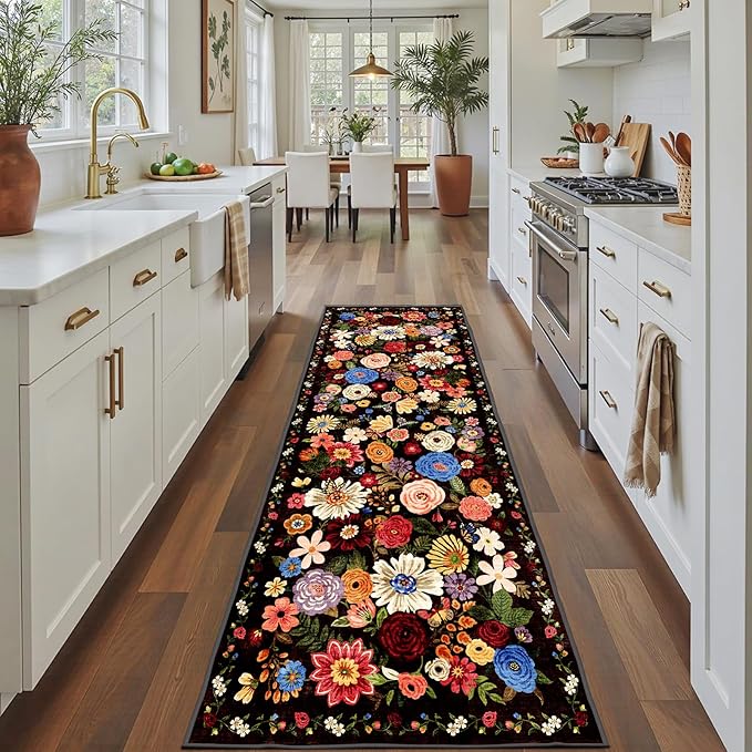 Black/Brown Rug for Hallways Kitchen Rug 2x8, Non Slip Washable Rugs with Rubber Backing Soft Floral Carpet Runner for Hallways, Kitchen, Laundry, Bedroom, Bathroom (2 x 8, Black/Brown)