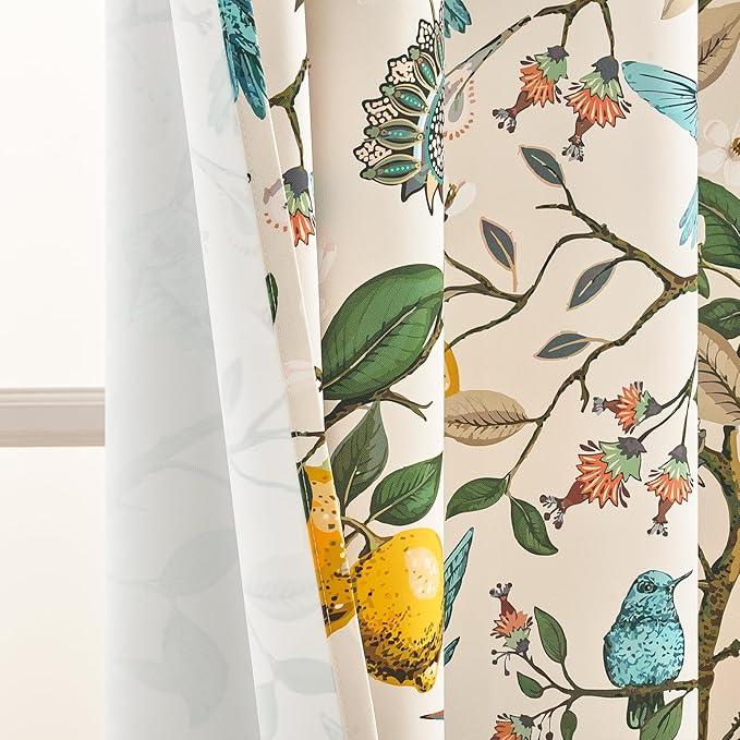 Topfinel Floral Curtains 90 Inches Long 2 Panels Unique Natural Beige Luxury Elegant Colorful Euro Flower Hummingbird Patterned Rustic Vintage Grommet Drapes for Classroom Room Office Closet 52x90
