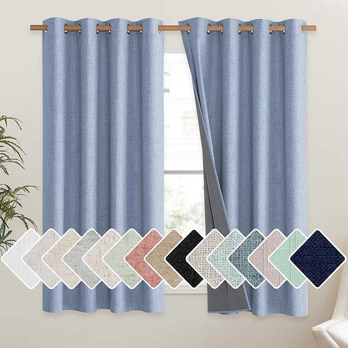 NICETOWN Stone Blue Vintage Linen 100% Blackout Curtains for Living Room, Thermal Insulated Curtains 63" Long, Noise Reducing Window Treatment Drapes for Hall Room, 52" Wide Per Panel, Set of 2